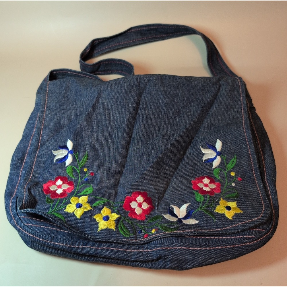 Denim Purse Floral Embroider Bag Handbag Red Faux Leather Interior